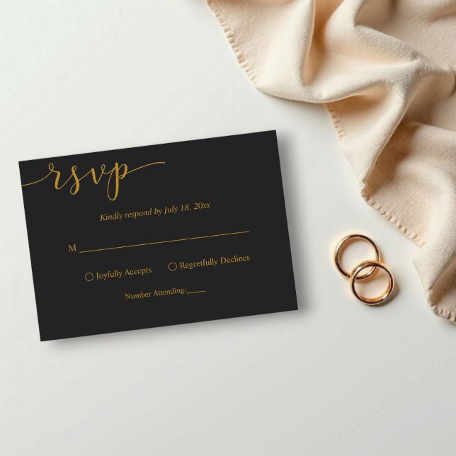 Delikate Schwarz und Gold Script Einfache Hochzeit RSVP Karte (Von Creator hochgeladen)