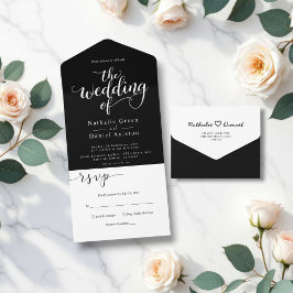 Delikate Schwarz-Weiß-Moderne einfache Hochzeit All In One Einladung