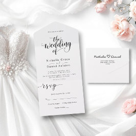 Delikate Schwarz-Weiß-Script Einfache Hochzeit All In One Einladung