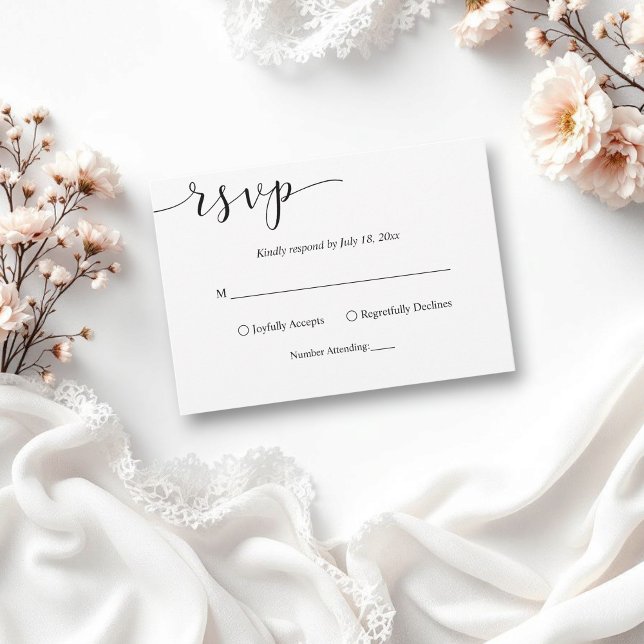 Delikate Schwarz-Weiß-Script Einfache Hochzeit RSVP Karte (Von Creator hochgeladen)