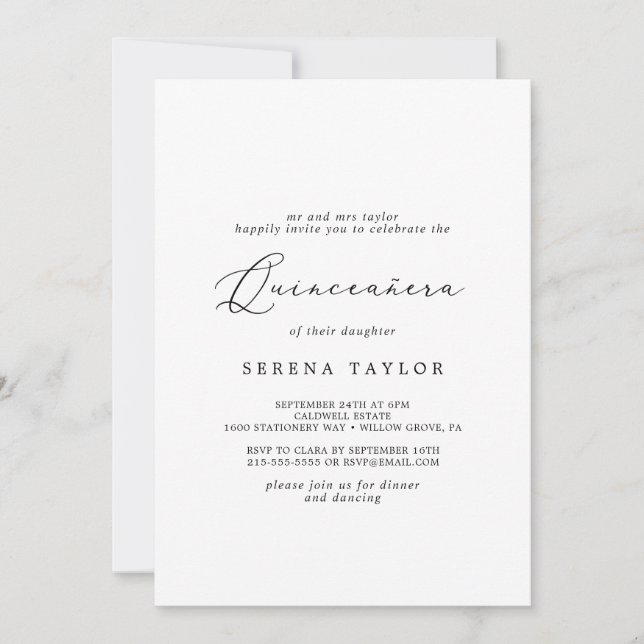 Delikate schwarze Kalligrafie Quinceañera Einladung (Vorderseite)