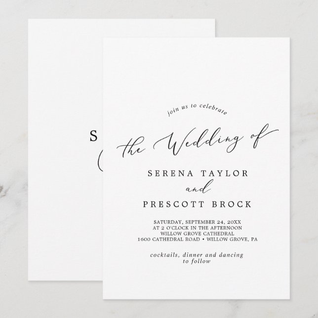 Delikate Schwarze Kalligraphie Monogram Back Weddi Einladung (Vorne/Hinten)