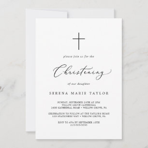 Delikate Schwarzkalligraphie Cross Christening Einladung