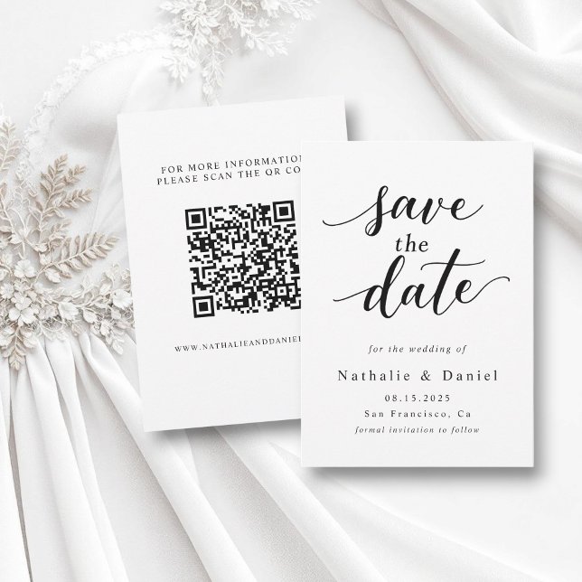 Delikate Script Black and White QR Code Hochzeit Save The Date (Von Creator hochgeladen)