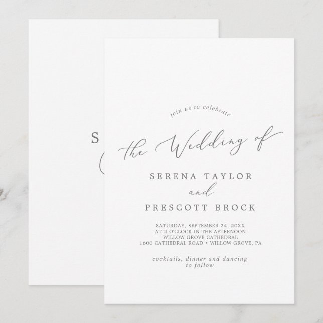 Delikate Silberkalligraphie-Monogramm-Back-Wedding Einladung (Vorne/Hinten)