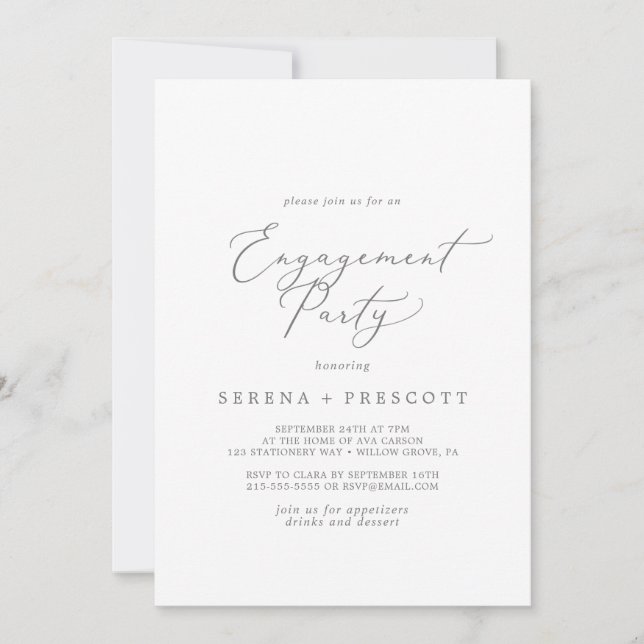 Delikate Silver Calligrafy Engagement Party Einladung (Vorderseite)