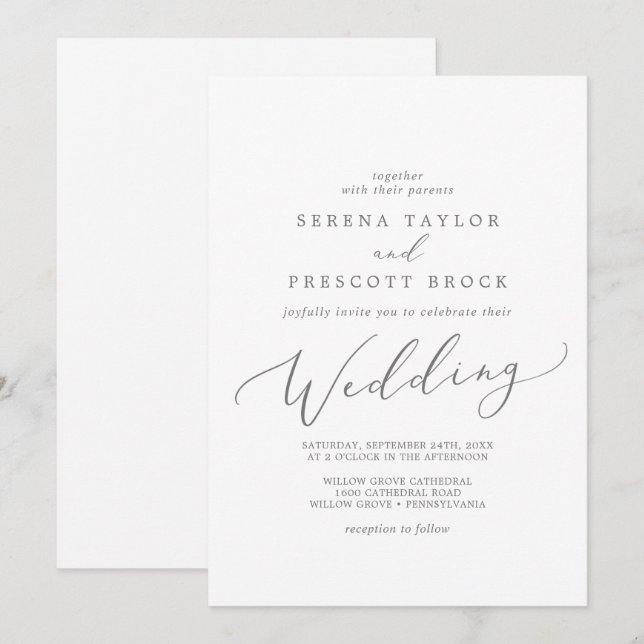 Delikate Silver Calligrafy Wedding Einladung (Vorne/Hinten)