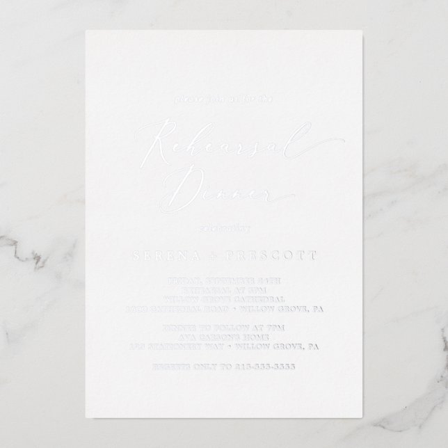 Delikate Silver Foil Calligrafy Probe Dinner Folieneinladung (Vorderseite)