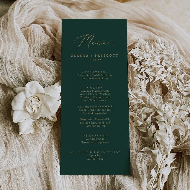 Delikate Speisekarte mit Gold und Green Wedding Di Menükarte (Von Creator hochgeladen)