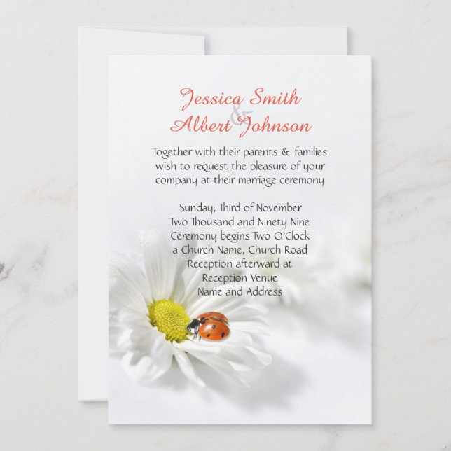 Delikate Spring Daisy Ladybug Wedding Einladung (Vorderseite)