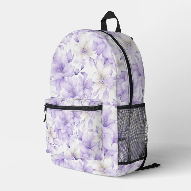 Delikate Violett-Blumen Bedruckter Rucksack (Rückseitige Ecke Rechts)