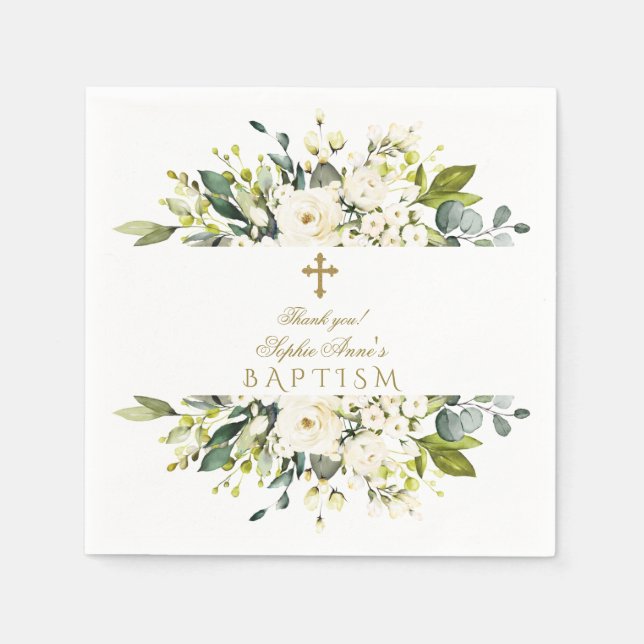 Delikate Weißcreme-Blume Goldkreuz-Taufe Serviette (Vorderseite)