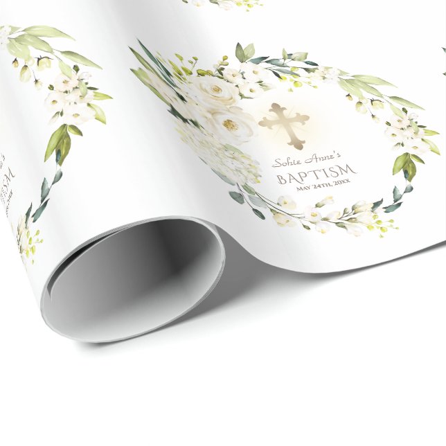 Delikate weiße Blume Goldkreuztaufe Geschenkpapier (Rolleneckpunkt)