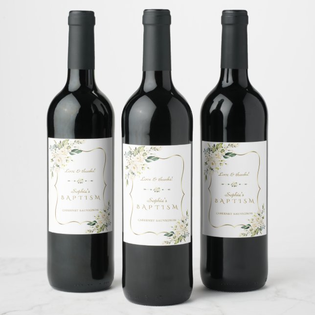 Delikate weiße Blume Goldrahmen Taufe Weinetikett (Flaschen)