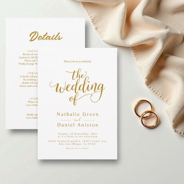Delikate, weiße und goldene Script-Klasse Hochzeit Einladung (Von Creator hochgeladen)