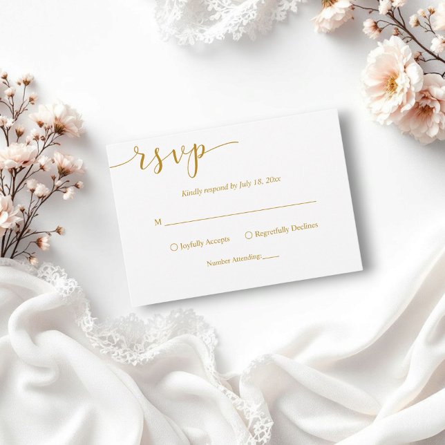 Delikate White and Gold Script Einfache Hochzeit RSVP Karte (Von Creator hochgeladen)