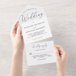 Delikate White Black Minimal Calligrafy Wedding All In One Einladung