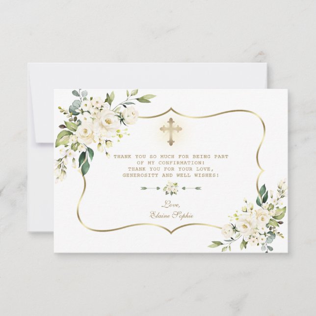 Delikate White Floral Gold Cross Girl Bestätigung Dankeskarte (Vorderseite)
