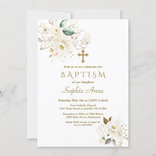 Delikate White Gold Floral Cross Girl Taufe Einladung