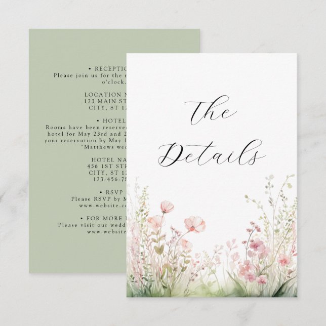 Delikate Wildblume Hochzeitdetails Begleitkarte (Vorne/Hinten)