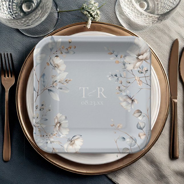 Delikate Wildblume Watercolor Wedding Blue ID1102 Pappteller (Von Creator hochgeladen)
