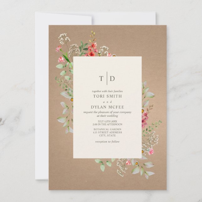 Delikate Wildblumen Cardstock Botanische Hochzeit  Einladung (Vorderseite)