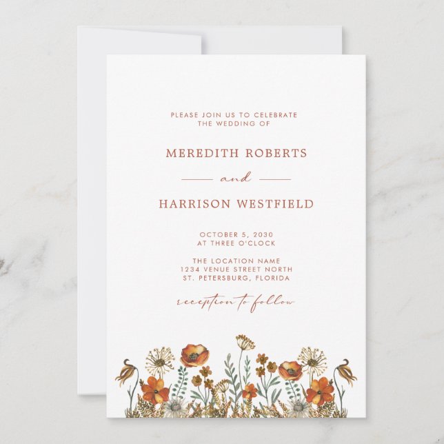 Delikate Wildblumen Herbst Einfach Hochzeit Einladung (Vorderseite)