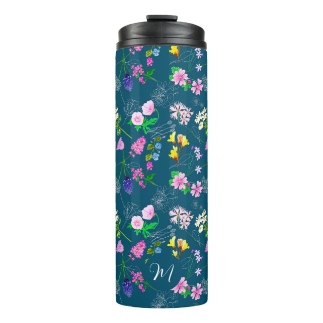 Delikate Wildblumen in dunkelblau. Custom. Thermosbecher (Vorderseite)