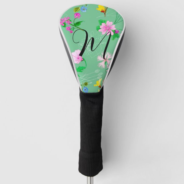 Delikate Wildblumen in Minzgrün. Custom Golf Headcover (Vorderseite)