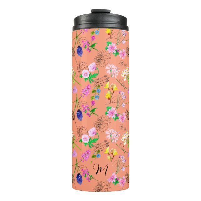 Delikate Wildblumen in Orange. Custom. Thermosbecher (Vorderseite)