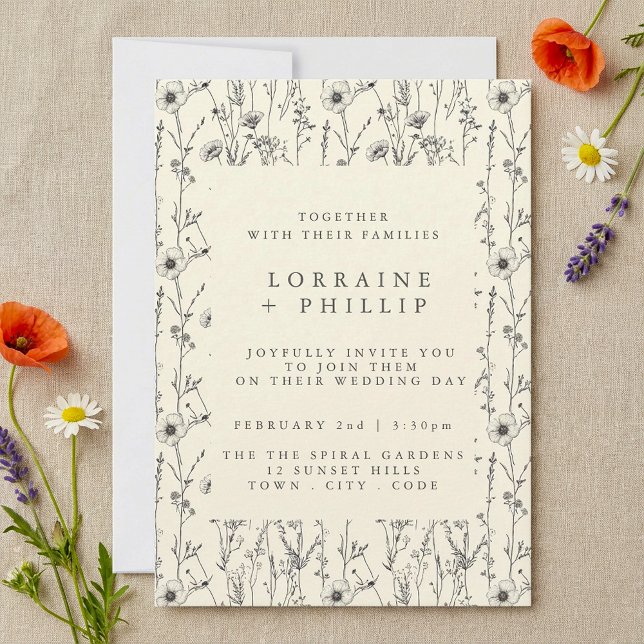 Delikate Wildblumen Muster Hochzeitseinladung Einladung (Delicate wildflowers pattern wedding invitation.)