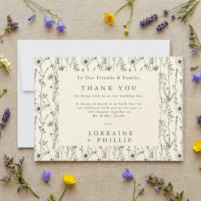 Delikate Wildblumen nahtlose Muster Hochzeit Dankeskarte (Delicate wildflowers seamless pattern wedding thank you card.)