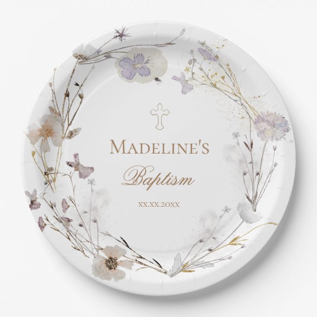 delikate Wildblumen töten Taufe Pappteller (Vorderseite)