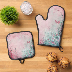 Delikate Wildblumen und Schmetterling Ofenhandschuh & Topflappen-Set