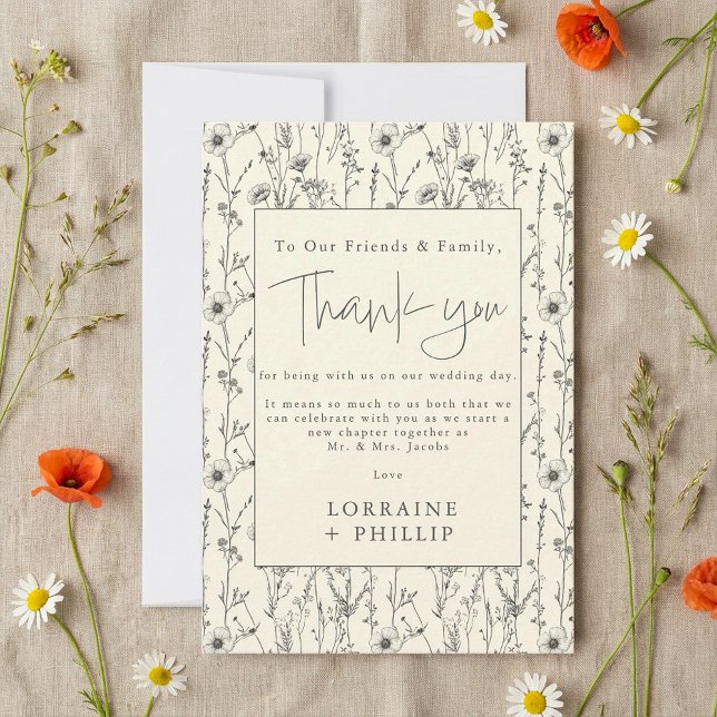 Delikate Wildgartenmuster Hochzeit von Blume Dankeskarte (Delicate wild flowers garden pattern wedding thank you card.)
