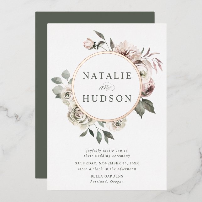 Delikate Winter Floral Frame Wedding Folieneinladung (Vorderseite/Rückseite)