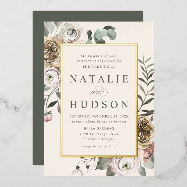 Delikate Winter Floral Frame Wedding Folieneinladung (Vorderseite/Rückseite)