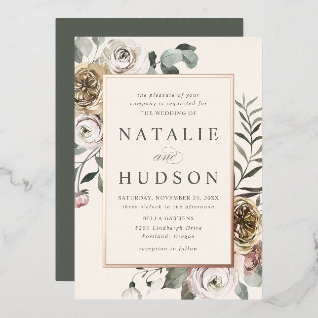 Delikate Winter Floral Frame Wedding Folieneinladung (Vorderseite/Rückseite)