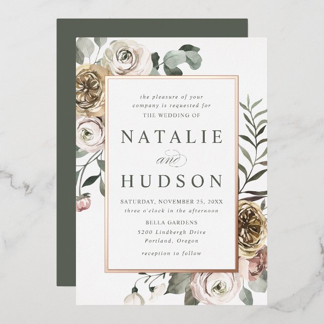 Delikate Winter Floral Frame Wedding Folieneinladung (Vorderseite/Rückseite)