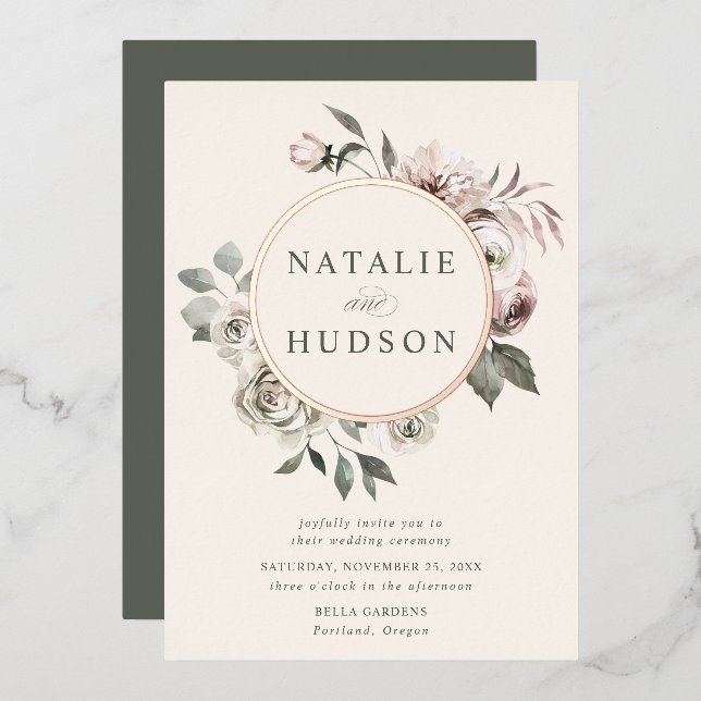 Delikate Winter Floral Frame Wedding Folieneinladung (Vorderseite/Rückseite)