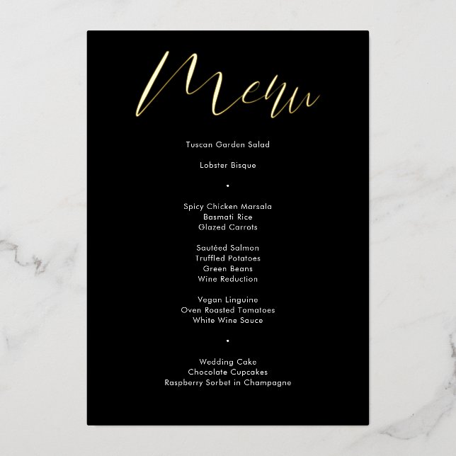 Delikates Black Calligraphy Script Wedding Menu Folieneinladung (Vorderseite)