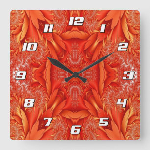 Delikates Feather Fraktal Design - rot mit Zahlen Quadratische Wanduhr