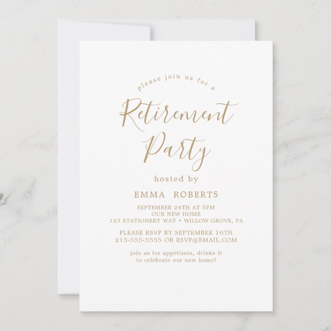Delikates Gold Calligraphy Retirement Party Einladung (Vorderseite)