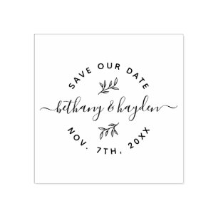 Delikates Leaf & Rustikales Skript SAVE THE DATE Gummistempel