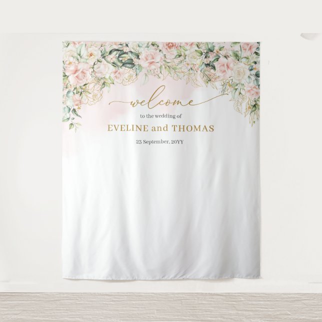 Delikates Pastellrosa Rosen Hochzeitslandschaft Wandteppich (Vorderseite)