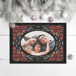 Delikates Poinsettia Oval Frame Black Foto Feiertagskarte