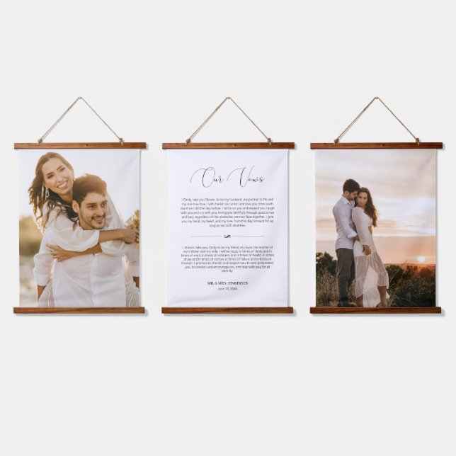 Delikates Script Wedding Vows Jubiläum 2 Foto Wandteppich Mit Holzrahmen (Dreifach)