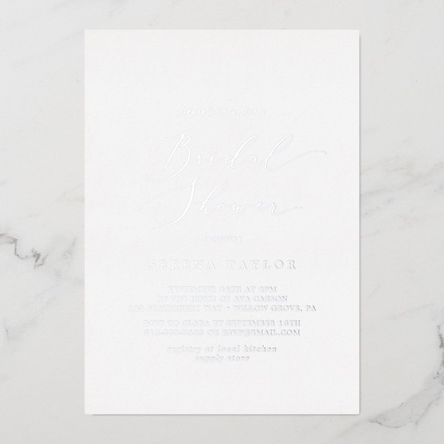 Delikates Silver Foil Calligrafy Brautparty Folieneinladung (Vorderseite)