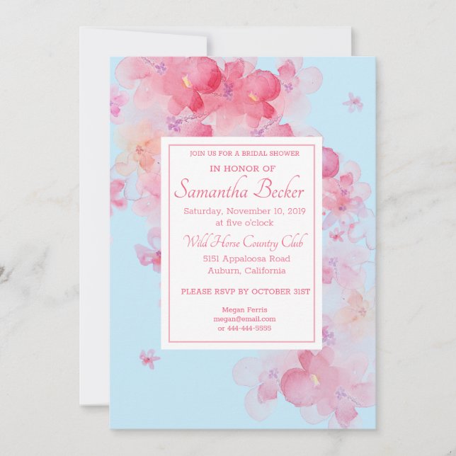 Delikates Watercolor Blumenblauer Brautparty Einladung (Vorderseite)