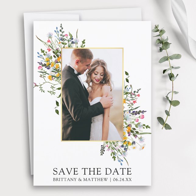 Delikates Watercolor Wildblumen Foto Save The Date (Customize to change text size, color, style or add more text to back of card.)